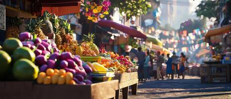 vibrant street market filled with colorful fruits and lively people enjoying atmosphere photo