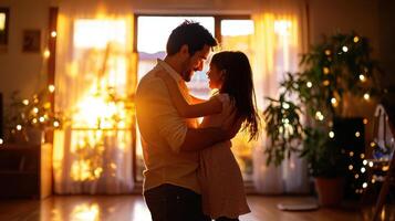 loving parent and child dancing together in sunlit room, surrounded by warm light and plants, creating joyful atmosphere photo