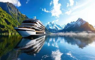 majestic cruise ship sailing on calm ocean waters, surrounded by stunning mountains and clear blue skies photo