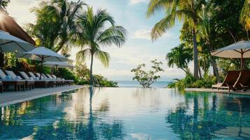 luxurious resort pool overlooking tropical paradise with palm trees and sun loungers, creating serene atmosphere photo