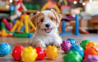 A puppy sitting on the floor with colorful toys photo