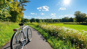 scenic bicycle path through sunlit field with vibrant greenery photo