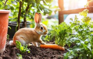 A rabbit is eating carrots in a garden photo