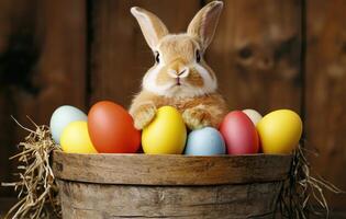 A rabbit is sitting in a basket with colorful eggs photo