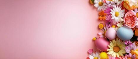 Bright and colorful Easter eggs surrounded by vibrant flowers create festive atmosphere photo