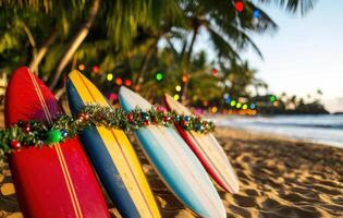 Surfboards on the beach with christmas lights photo