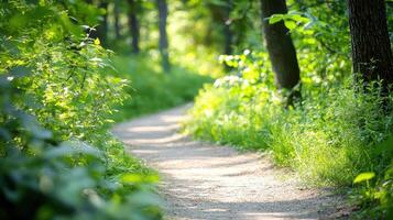 A path through a forest with green trees and grass photo