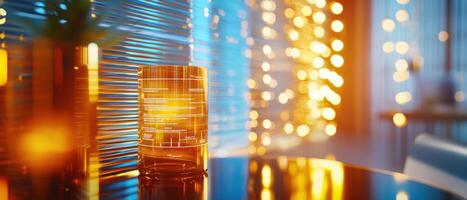 warm, illuminated glass object on reflective surface, surrounded by soft bokeh lights, creates cozy atmosphere photo