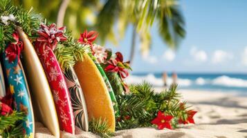 Surfboards are lined up on a beach with christmas decorations photo