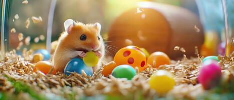 Tiny hamsters exploring colorful balls in glass cage filled with bedding. Their playful nature brings joy and curiosity photo