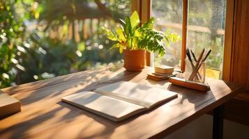 A desk with a book, pen, and a plant on it photo