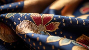 A close up of a blue and gold fabric with a floral design photo