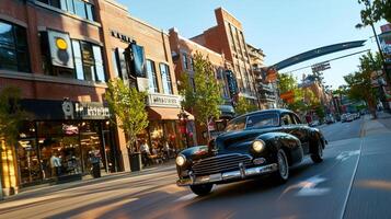 classic car driving through old town with vintage architecture, showcasing vibrant shops and lively atmosphere photo