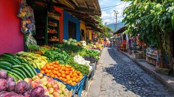 Colorful street market filled with fresh produce, vibrant fruits, and vegetables. lively atmosphere with cobblestone paths photo