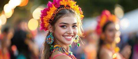 A woman in a colorful dress smiling at the camera photo