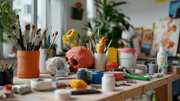 vibrant workspace filled with artistic tools, paints, and sculptures, showcasing creativity and inspiration photo
