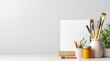 creative art workstation with colorful brushes, paints, and sketches photo