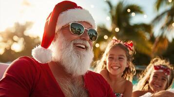 Santa enjoying joyful boat ride with family, surrounded by palm trees and festive lights, creating lasting memories photo