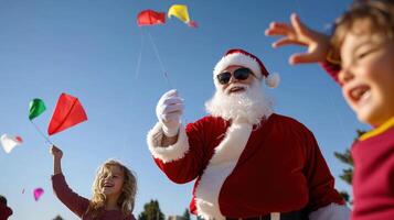 Santa flying kites with kids filled with laughter and joy on sunny day photo