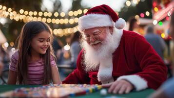 Santa playing games with girl under festive lights, creating joyful memories photo