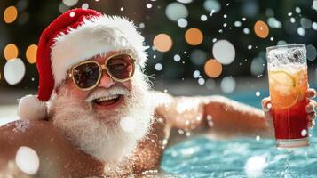Santa enjoying festive pool party, wearing sunglasses and holding drink photo