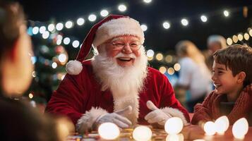 Santa celebrating joyful game night with child under festive lights, creating warm memories photo