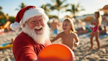 Santa enjoying fun day at beach, playing frisbee with family and friends, spreading joy and laughter in sun photo