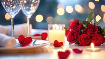 romantic candlelit dinner setup with roses and soft lighting creates intimate atmosphere photo