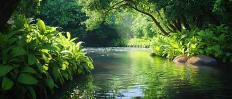 serene river flowing through lush forest with vibrant greenery and calm waters photo