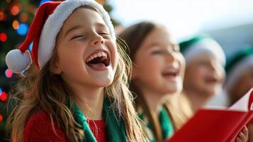 Cheerful carolers singing joyfully during holiday season with festive attire photo
