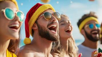 Cheerful carolers singing on sandy shores during summer, enjoying festive spirit with sunglasses and holiday hats photo