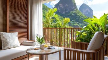 Luxurious resort cabana with designer furniture, tropical view, and greenery photo