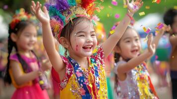 Children dressed in vibrant costumes celebrating with joy during festival photo