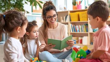 A woman reading to children in a classroom photo