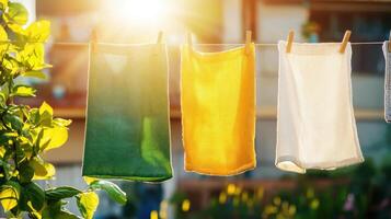 Several colorful towels hanging on a clothesline photo