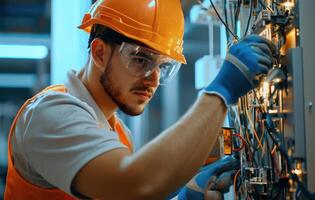 Electric installation work with tools, safety gear, and focus on details photo