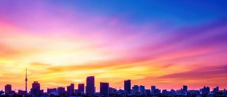 The city skyline is shown in a colorful sunset photo