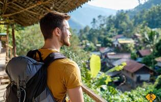 backpacker exploring remote village, enjoying scenic view and nature photo