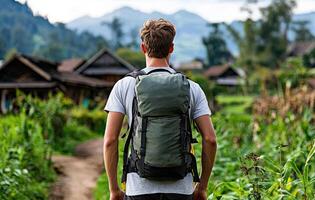 Exploring remote village, backpacker enjoys nature and adventure photo