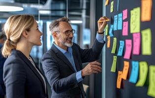 Two business people standing in front of a blackboard with sticky notes on it photo