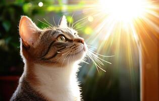 A cat looking up at the sun photo