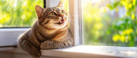 cat with funny expression enjoying sunlight by window photo