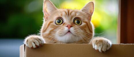An orange cat peeks out of a box photo
