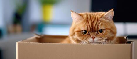 cat with funny expression sitting in cardboard box, looking curious and playful photo