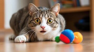 cat with funny face caught mid pounce on colorful toy, showcasing its playful nature and curiosity photo