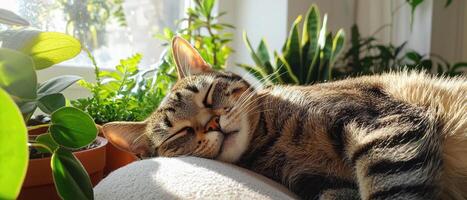 A cat laying on a pillow next to a plant photo