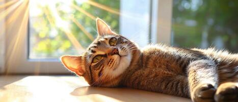 A cat laying on a wooden floor with sunlight shining through the window photo