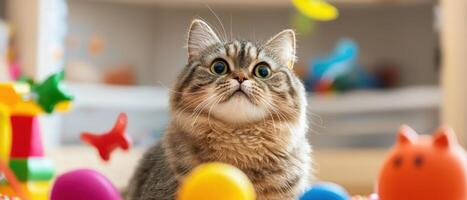 playful cat with surprised expression surrounded by colorful toys, creating joyful atmosphere photo