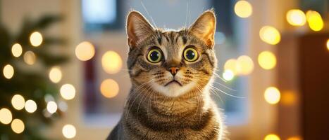 Surprised cat with wide eyes staring at lights in cozy room photo