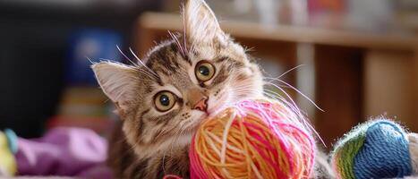 playful cat with quirky expression, enjoying colorful yarn balls photo